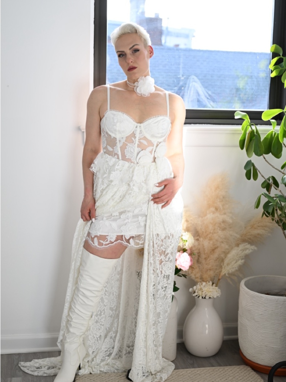 For Love & Lemons White Lace Sheer Bridal Bodysuit Gown